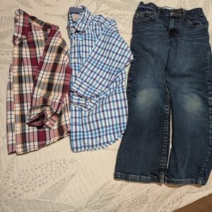 Kids Plaid Button Down Shirt - Red, Blue, and White Wrangler Jeans